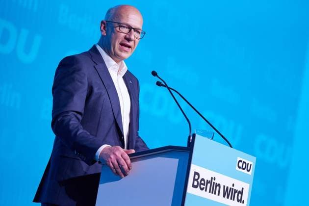 CDU state party conference FOR EDITORIAL PURPOSES ONLY EDITORIAL USE ONLY p Kai Wegner CDU , Governing Mayor, speaks to delegates at the NLND Berlin event location at the CDU party conference Today a top candidate is to be nominated for the upcoming election to the House of Representatives Germany Berlin Berlin Copyright JörgxCarstensen Copyright: JörgxCarstensen doc867s08335zn1w47hh9e ,EDITORIAL USE ONLY Copyright: JörgxCarstensen