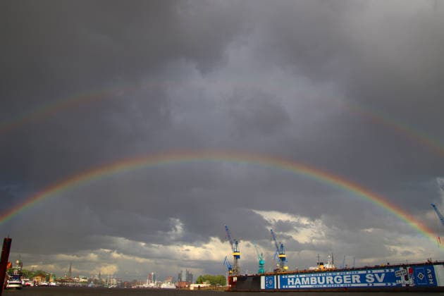 After a thunderstorm, two rainbows appear over the port of Hamburg