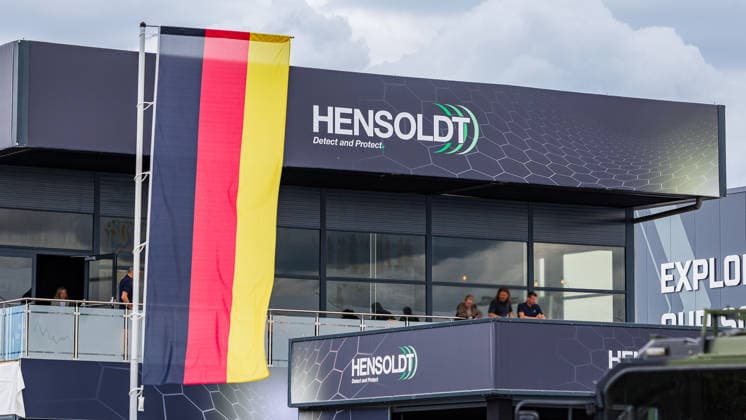 ILA Berlin 2026, Berlin, 09 06 2026 Stand of the German defense and sensor technology group Hensoldt at the ILA Berlin A German flag flies at the stand The German government is a shareholder in Hensoldt 20260609-1V9A0786-M4000