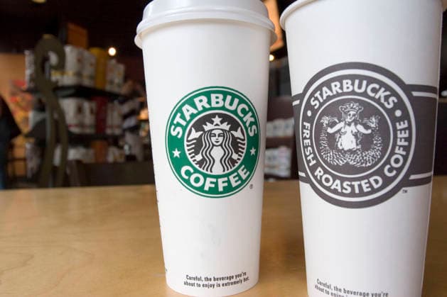 Starbucks Original Design Coffee Cup Sep 10, 2006; Portland, OR, USA; Starbucks coffee cups with the company s original design (R) and the current design are seen at a shop in Portland, Oregon. Starbucks is using the original logo on cups at stores in Oregon and Washington to commemmorate their 35th anniversary. Mandatory Credit: Photo by Richard Clement ZUMA Press. ( ) Copyright 2006 by Richard Clement Portland OR USA Copyright: xRichardxClementx