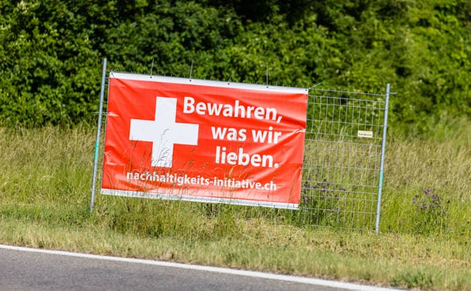 SVP voting poster for the sustainability initiative 2026 Hornussen, Switzerland, 30th May 2026 A campaign poster from the Swiss People s Party SVP for the sustainability initiative The poster reads Preserve what we love The Swiss electorate will vote on the popular initiative on June 14, 2026 Copyright: xAndreasxHaasx