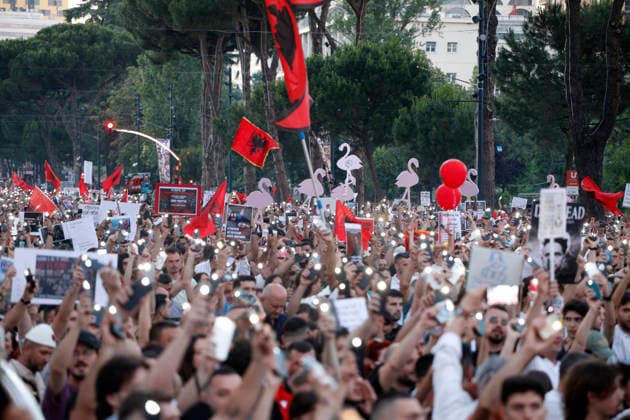 Protest against the construction of a luxury resort in Tirana, Albania. Protesters hold signs and Albanian national flags as they take part in a demonstration in front of the prime minister s office in Tirana on June 10, 2026, opposing the construction of a luxury resort in a protected natural area near the city of Vlore. Several thousand citizens demonstrated in Tirana for the ninth consecutive night to demand transparency on a luxury tourism complex project in the protected area of Narta Lagoon in the city of Vlore linked to US President Donald Trump s son-in-law Jared Kushner and his wife, Ivanka Trump. The project was planned for two areas along the Adriatic coast, the protected delta area of Vjosa-Narta and the nearby uninhabited islan Copyright: xLightxStudioxAgencyx xMaltonxDibrax