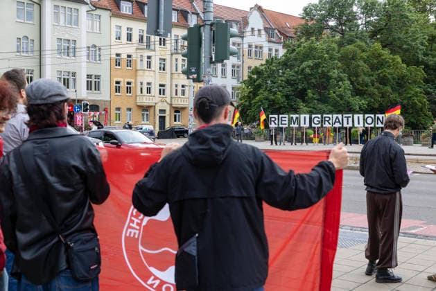 Oppose Erfurt and Remigration Demo 12062026 Shortly before the federal party conference of the Alternative for Germany AfD party in Erfurt, around a dozen people demonstrated for remigration at the Boyneburgufer train st 120626_ppb-5