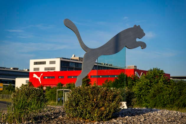 12 06 2026, Herzogenaurach in Bavaria Headquarters of the sporting goods company Puma SE at the company headquarters in Herzogenaurach On the road at the traffic circle stands the jumping Puma, the logo and emblem of the listed global company 12 06 2026, Herzogenaurach 12 06 2026, Herzogenaurach