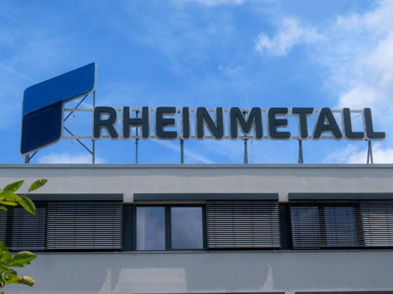 View of the Rheinmetall company logo in the port of Neuss Rheinmetall logo port basin one Neuss