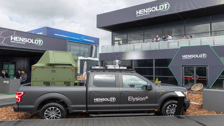 Public day at ILA Berlin 2026, Berlin, 13 06 2026 Ford F 150 pickup with Hensoldt lettering and the Elysion reconnaissance system at the outdoor stand of the armaments company Hensoldt Another military device and a Rheinmetall stand are visible in the background Schöneberg Berlin ExpoCenter Airport Brandenburg Germany 20260613-1V9A3208-M4000
