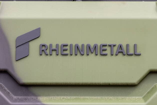 Public Day at ILA Berlin 2026, Berlin, 13 06 2026 The Rheinmetall company logo on an olive green vehicle component The lettering with the distinctive Rheinmetall signet is raised in the surface Schöneberg Berlin ExpoCenter Airport Brandenburg Germany 20260613-286A0073-M4000