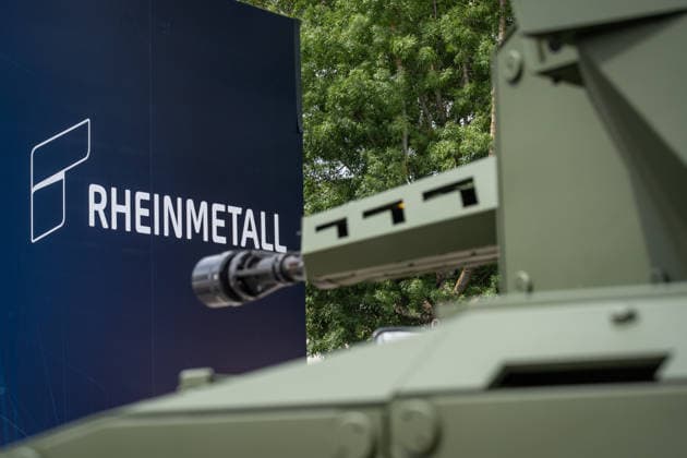 Exhibition stand of the defense company Rheinmetall AG, gun barrel of a Skyranger 30 anti-aircraft gun Eurosatory 2026 arms fair in Parc des Expositions de Paris Nord Villepinte, Villepinte Paris France Parc des Expositions de Paris No