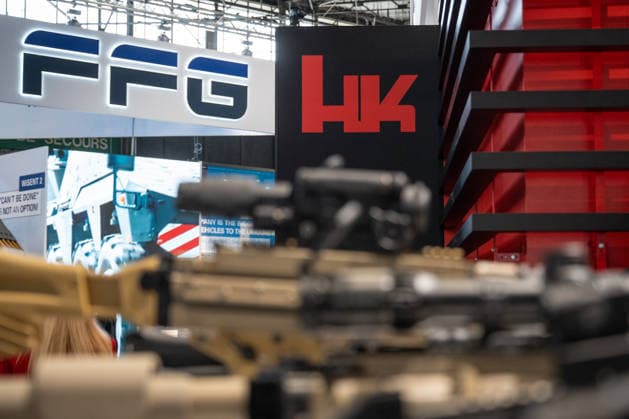 Heckler Koch exhibition stand with handguns and machine guns Eurosatory 2026 arms fair in Parc des Expositions de Paris Nord Villepinte, Villepinte Paris France Parc des Expositions de Paris No