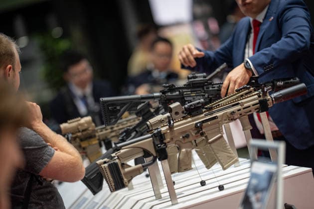 Heckler Koch exhibition stand with handguns and machine guns Eurosatory 2026 arms fair in Parc des Expositions de Paris Nord Villepinte, Villepinte Paris France Parc des Expositions de Paris No