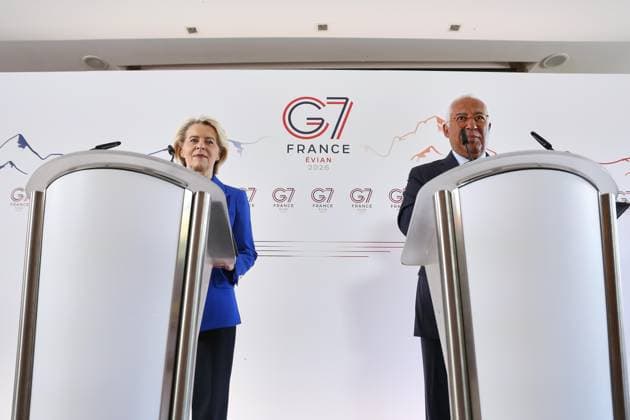 Évian-les-Bains, France, June 15, 2026 Hotel Ermitage G7 Summit Press Conference with European Commission President Ursula von der Leyen and European Council President Antonio Costa,detected_source_language Copyright: xdtsxNachrichtenagenturx dts_123039
