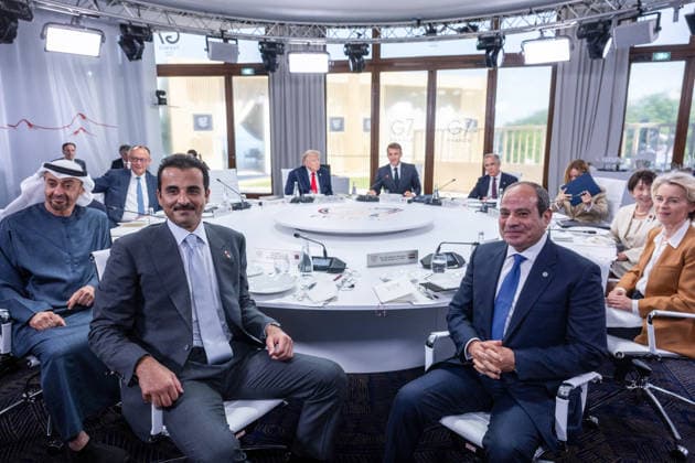 German Chancellor Friedrich Merz, European Council President Antonio Costa, U.S. President Donald Trump, French President Emmanuel Macron, Canadian Prime Minister Mark Carney, UAE President Sheikh Mohamed bin Zayed al Nahyan, Italian Prime Minister Giorgia Meloni, Japanese Prime Minister Sanae Takaichi,European Commission President Ursula von der Leyen, and Qatar’s Emir Sheikh Tamim bin Hamad al Thani during a working lunch as part of the G7 summit in Evian, eastern France, on June 16, 2026. A G7 summit is set to take place June 15–17 in the French town of Évian-les-Bains near Switzerland, and it will be attended by national leaders as well as the EU’s foreign policy chief and ministers from Brazil, Canada, the United Arab Emirates, and Tu Copyright: xAmmarxAbdxRabbo Pool BestimagexAmmarxAbdxRabbo Pool Bestimagex