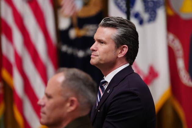 United States Secretary of War Pete Hegseth looks on as US President Donald J Trump makes remarks as he awards the Medal of Honor to Major James Capers, Jr, US Marine Corps (Retired); Colonel John W. Ripley, US Marine Corps (Posthumous); and Major Nicholas Dockery, US Army (Retired) during a ceremony in the East Room of the White House in Washington, DC, USA, on Thursday, June 18, 2026. Copyright: xAaronxSchwartzx xPoolxviaxCNPx MediaPunchx