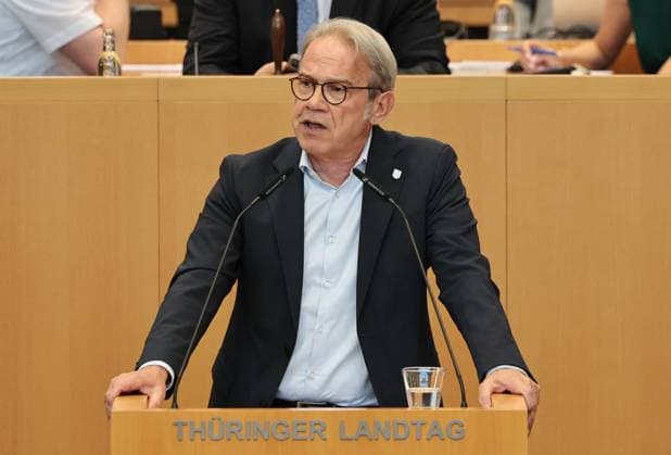Plenary Session of the Thuringian State Parliament, June 24, 2026, Erfurt, Thuringian State Parliament, 46th Plenary Session, Special Plenary Session: Protecting the AfD Federal Party Convention from Illegal Blockades and Political Intimidation; pictured: Minister of the Interior and Local Government Georg Maier (SPD) at the lectern