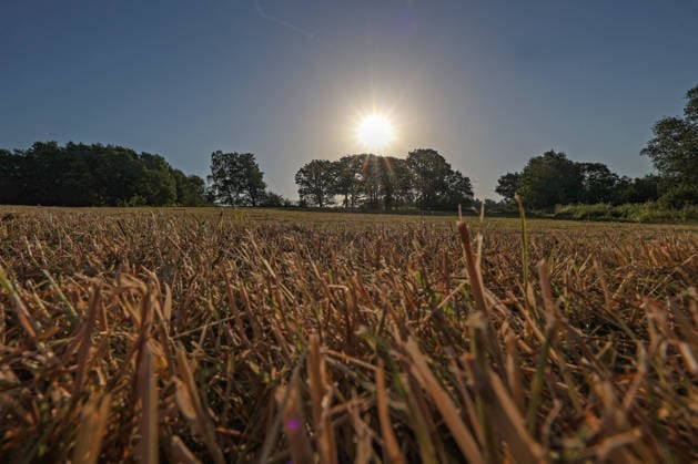Summer in the Siegerland. It is very hot, and temperatures are expected to rise further. The sky is blue, and the sun is shining down on the landscape from a cloudless sky. Summer on June 26, 2026, in Siegen, Germany.