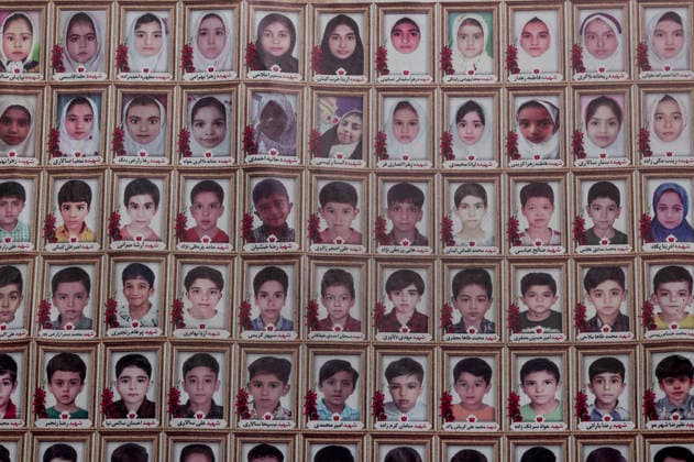 Iran Minab School Airstrikes Aftermath June 2026 Framed portraits of children are displayed on a wall in Minab, Hormozgan Province, Iran, on June 6, 2026. The children were killed when the Shajareh Tayyebeh Elementary School was hit by a missile strike on February 28, 2026, marking the first day of the USA-Israel war against Iran. The attack killed 156 civilians, including 120 schoolchildren. Minab Hormozgan Iran Copyright: xLaurinxStrelex