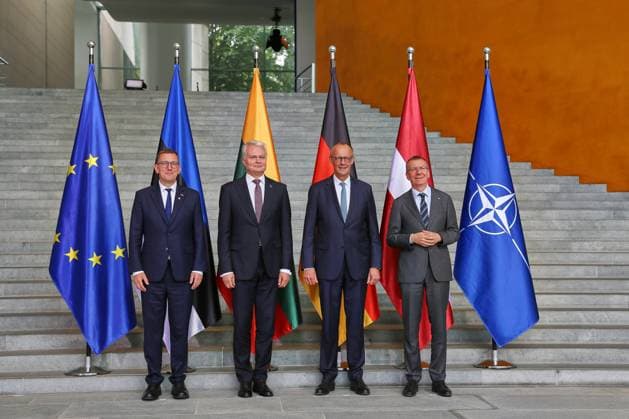 Berlin, Germany, July 3, 2026, Federal Chancellery: Reception for the heads of state and government of the three Baltic countries—Latvia, Estonia, and Lithuania—Estonian Prime Minister Kristen Michal, Lithuanian President Gitanas Nauseda, Federal Chancellor Friedrich Merz (CDU), and Latvian President Edgars Rinkevics Copyright: xdtsxNachrichtenagenturx dts_126152
