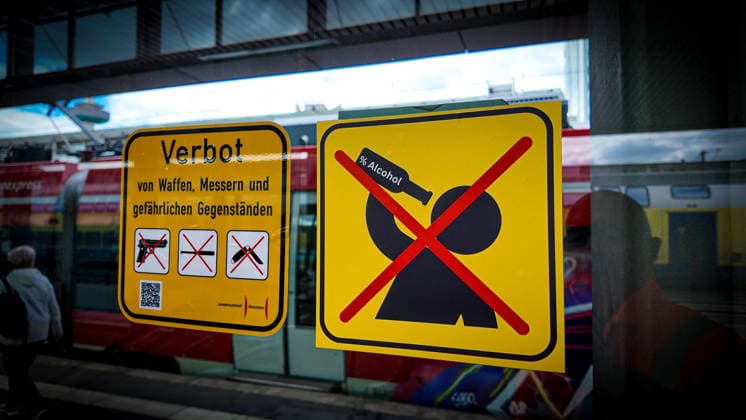 Hanover Central Station Prohibition Sign Prohibited: Weapons, Knives, and Dangerous Objects; Alcohol Prohibited; Alcohol Ban; Hanover, Lower Saxony, DEU, Germany, July 9, 2026