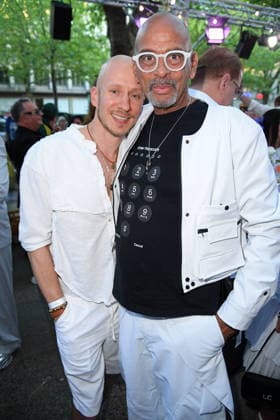 Pierre Sanoussi Bliss with his friend Dennis Ortmann at the Bellucci La Grande Bellezza summer party in Berlin on July 9, 2026
