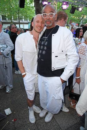 Pierre Sanoussi Bliss with his friend Dennis Ortmann at the Bellucci La Grande Bellezza summer party in Berlin on July 9, 2026