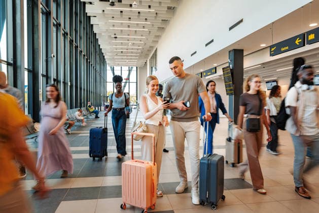 Verschiedene Reisende, die mit ihrem Gepäck durch ein belebtes Flughafenterminal gehen Travelers navigating a bustling airport, using mobile technology, and preparing for their journey (License=RF) ,model released, Symbolfoto Copyright: xZoonar.com JelenaxCvetkovicx 25239069 ,model released, Symbolfoto ,property released