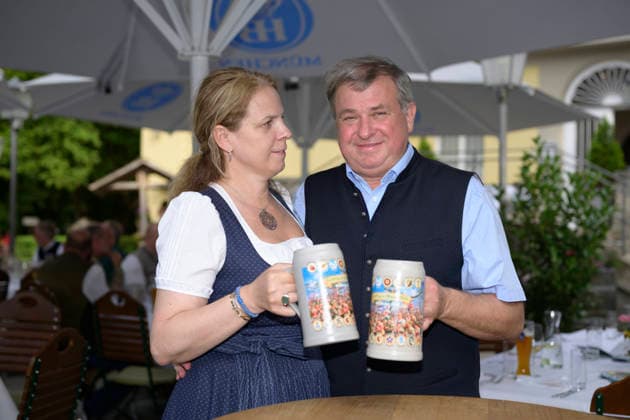 Christine and Lorenz Stiftl Paulaner Festzelt Presentation of the Festkrug by the Munich Oktoberfest Landlords Oktoberfest Landlords Krug in the beer garden at the Chinese Tower, Munich, on July 13, 2026