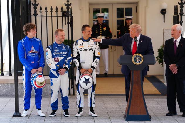 United States President Donald J Trump hosts top IndyCar drivers at the White House in Washington, DC, USA, to promote the inaugural Freedom 250 Grand Prix on Monday, July 13, 2026. The race will be held in DC on August 22-23, 2026. Drivers pictured at left are: reigning IndyCar champion Ãlex Palou, Felix Rosenqvist, the 2026 Indy 500, and David Malukas. Looking on from right is IndyCar series owner Roger Penske. Credit: CNP AdMedia Washington District of Columbia United States of America EDITORIAL USE ONLY  Copyright: xx AdMediax admphotosthree005102