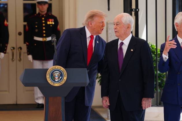 United States President Donald J Trump speaks to IndyCar series owner Roger Penske as he hosts top IndyCar drivers at the White House in Washington, DC, USA, to promote the inaugural Freedom 250 Grand Prix on Monday, July 13, 2026. The race will be held in DC on August 22-23, 2026. Credit: CNP AdMedia Washington District of Columbia United States of America EDITORIAL USE ONLY  Copyright: xx AdMediax admphotosthree005103