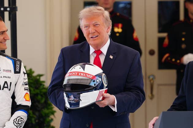 United States President Donald J Trump holds a racing helmet as he hosts top IndyCar drivers at the White House in Washington, DC, USA, to promote the inaugural Freedom 250 Grand Prix on Monday, July 13, 2026. The race will be held in DC on August 22-23, 2026. Credit: CNP AdMedia Washington District of Columbia United States of America EDITORIAL USE ONLY  Copyright: xx AdMediax admphotosthree005094