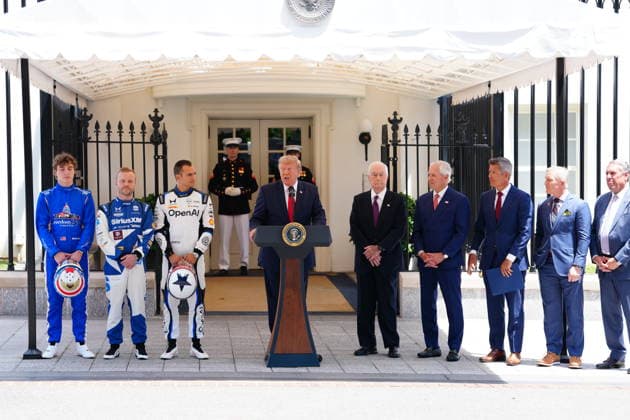 United States President Donald J Trump hosts top IndyCar drivers at the White House in Washington, DC, USA, to promote the inaugural Freedom 250 Grand Prix on Monday, July 13, 2026. The race will be held in DC on August 22-23, 2026. Drivers pictured at left are: reigning IndyCar champion Ãlex Palou, Felix Rosenqvist, the 2026 Indy 500, and David Malukas. Credit: CNP AdMedia Washington District of Columbia United States of America EDITORIAL USE ONLY  Copyright: xx AdMediax admphotosthree005096