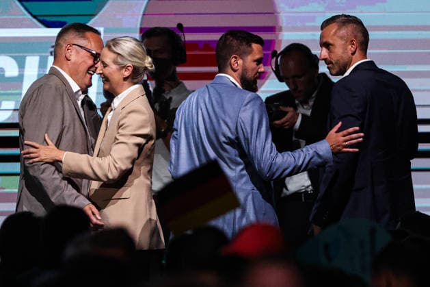 From left: Martin Reichardt (AfD, Saxony-Anhalt), Alice Elisabeth Weidel (AfD), Tobias Rausch (AfD, Saxony-Anhalt), Ulrich Siegmund (AfD, Saxony-Anhalt). The AfD Saxony-Anhalt campaign kickoff event at the Magdeburg Exhibition Center on Saturday, July 18, 2026, in Magdeburg.