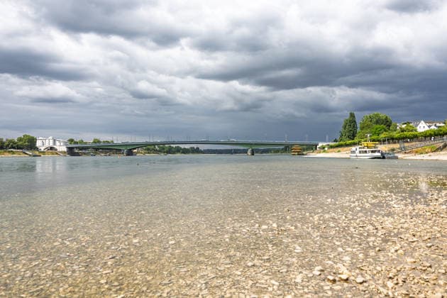 Low Water Levels on the Rhine in Bonn-Beuel Low Water Levels on the Rhine With the water level at the Bonn gauge station at 125 cm, the riverbed along the Beuel bank of the Rhine is dry except for the lower-lying navigation channel; view looking north toward the heavily trafficked Kennedy Bridge, with the closed Nordbrücke in the background. Friedrich Ebert Bridge, Bonn-Beuel, No Copyright: xMarcxJohnx