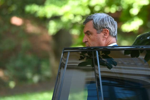 Arrival of Markus SOEDER, Minister-President of Bavaria and CSU Chairman, stepping out of his official limousine; single frame, cropped close-up, portrait,Portrait: Press conference of the Bavarian State Government following the cabinet meeting on July 21, 2026, at the Prinz Carl Palais in Munich