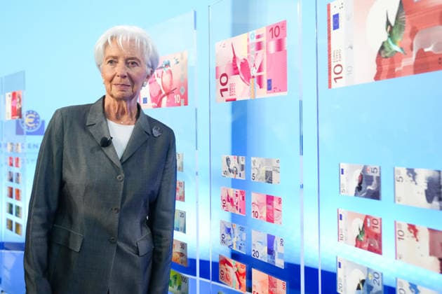 Presentation of New Design Proposals for Euro Banknotes by the ECB: Christine Lagarde, President of the European Central Bank (ECB), at the display panels featuring the shortlist of design proposals for future euro banknotes in the European Union and the euro area, Frankfurt am Main, July 23, 2026, Frankfurt am Main, Hesse, Germany