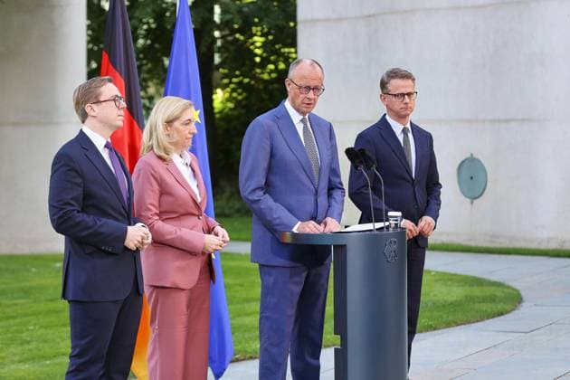 Berlin, Germany, July 24, 2026; Federal Chancellery: Presentation of the Cabinet reshuffle; L to R: Philipp Amthor, Nina Warken, Federal Chancellor Friedrich Merz, and Carsten Linnemann, all CDU Copyright: xdtsxNachrichtenagenturx dts_128371