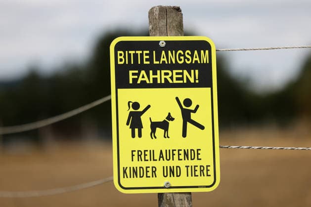 A sign on a road near a horse farm in Siegen Oberschelden reading PLEASE DRIVE SLOWLY—CHILDREN AND ANIMALS RUNNING FREE. Transportation in the Siegerland region on July 24, 2026, in Siegen, Germany