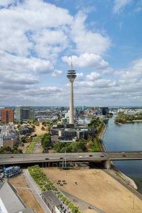July 24, 2026 Düsseldorf Cityscape of Düsseldorf, the state capital; from left to right: Police Headquarters, Stadttor, Rhine Tower with the North Rhine-Westphalia State Parliament, and Medienhafen; Düsseldorf City Center; Port; Medienhafen; North Rhine-Westphalia; Germany