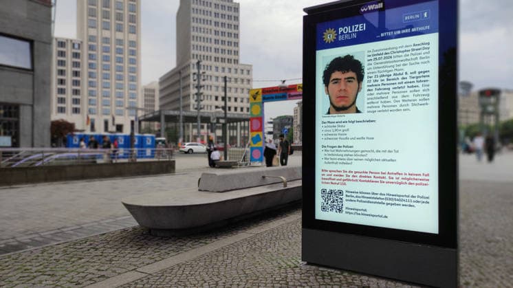 July 26, 2026, Berlin, Germany: Public appeal for information at Potsdamer Platz regarding Abdul B following the terrorist attack in Tiergarten in connection with Christopher Street Day