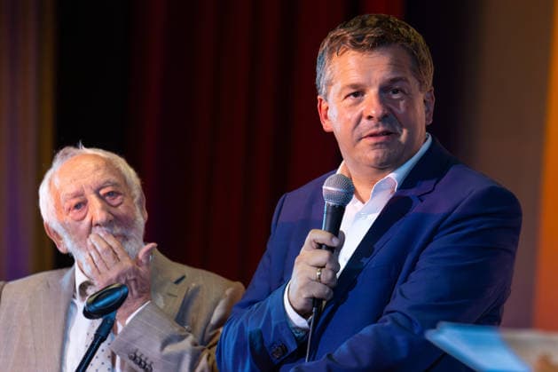 Sven Schulze and Dieter Hallervorden at ART Needs FREEDOM in Magdeburg, Magdeburg, Saxony-Anhalt, Germany, July 29, 2026. Minister President Sven Schulze (CDU) and actor and c