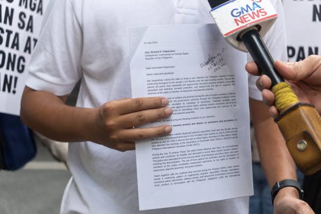 July 31, 2026, Quezon City, Metro Manila, Philippines: Progressive groups file a letter on July 31, 2026 requesting the Commission on Human Rights to conduct an independent investigation on the widespread cases of police violence across multiple demonstrations. The letter gave emphasis to a culture of violence against dissenters. Quezon City Philippines - ZUMAp220 20260731_zip_p220_007 Copyright: xCharlesxPerezx