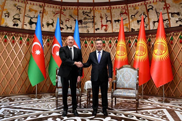 Ilham Aliyev - Kyrgyz President Sadyr Japarov meeting in Kyrgyzstan CHOLPON-ATA, KYRGYZSTAN - JULY 31: (----EDITORIAL USE ONLY - MANDATORY CREDIT - KYRGYZ PRESIDENCY HANDOUT - NO MARKETING NO ADVERTISING CAMPAIGNS - DISTRIBUTED AS A SERVICE TO CLIENTS----) Azerbaijani President Ilham Aliyev and Kyrgyz President Sadyr Japarov meet in the city of Cholpon-Ata on the shores of Lake Issyk-Kul, on July 31, 2026 in Cholpon-Ata, Kyrgyzstan. Kyrgyz Presidency Handout Anadolu Cholpon-ata Kyrgyzstan. Editorial use only. Please get in touch for any other usage.  Copyright: x2026xAnadoluxKyrgyzxPresidencyx xHandoutx