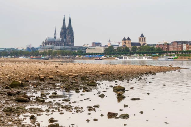 A cargo ship with a light load sails down the Rhine past Cologne Cathedral during low water. Photo taken on August 31, 2026. Water levels in the Rhine are approaching record lows in some areas. In Cologne, a historic low is feared. The low water levels are having a massive impact on shipping; cargo ships must in Copyright: epd-bild GuidoxSchiefer 20260731-DSCF9546