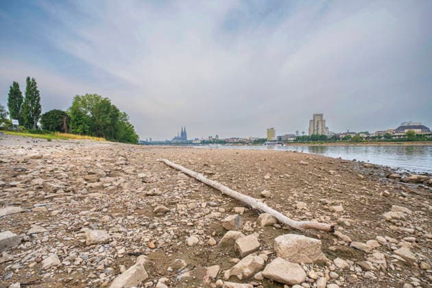 Low Water Levels on the Rhine in Cologne; Photo from August 31, 2026. Water levels on the Rhine are approaching record lows in some areas. In Cologne, a historic low is feared. The low water levels are having a massive impact on shipping; some cargo ships must reduce their cargo by more than half, and some passenger services are being canceled. EDITORIAL USE ONLY Copyright: epd-bild GuidoxSchiefer epd--Koeln_Niedrigwasser1-kopieren