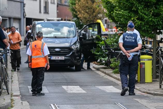 Streets are blocked by police officers for a funeral procession during the funeral ceremony of Driss Atounane, in Brussels. The Schaerbeek resident was attacked on July 23 on the No. 55 tram while reportedly stepping in to defend a female passenger who was the target of racist and Islamophobic remarks from another passenger on the bus.  EMILExWINDAL 182475224