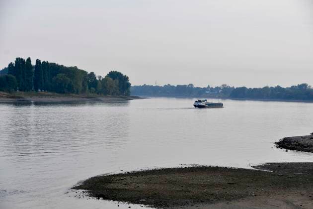 ABB RHINE Rhine navigation channel Low water level Rhine riverbank, near Düsseldorf-Oberkassel Currently, restricted vessel traffic on the Rhine near Oberkassel Rhine Bridge inland waterway vessels cargo ship freight ship transport ship barge currently not fully loaded on the Rhine traveling on the water