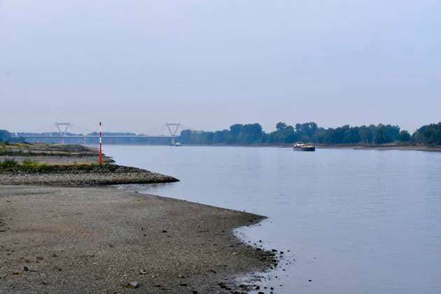 ABB RHINE Rhine navigation channel Low water level Rhine riverbank, near Düsseldorf-Oberkassel Currently, restricted vessel traffic on the Rhine near Oberkassel Rhine Bridge inland waterway vessels cargo ship freight ship transport ship barge currently not fully loaded on the Rhine traveling on the water