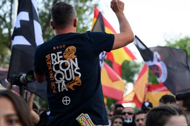July 31, 2026, Madrid, Spain: MADRID, SPAIN Ã¢â‚¬ JULY 31, 2026: Participants attend a demonstration outside the Moroccan Embassy in Madrid, called by the far-right groups Falange EspaoÂ±ola and NoÂºcleo Nacional, following recent migrant arrivals through Spain s North African enclave of Ceuta. Protesters wave Spanish flags, display banners and chant slogans during the demonstration, while some participants are seen making gestures commonly associated with Nazi salutes. Madrid Spain - ZUMAq101 20260731_zna_q101_209 Copyright: xTomasxCallex