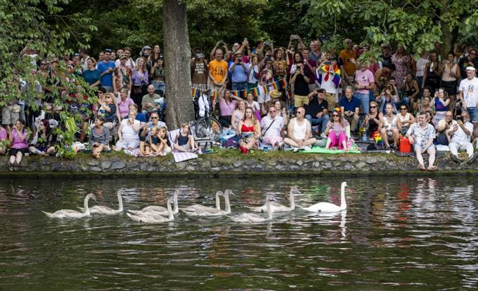 AMSTERDAM - Spectators along the side watching a family of swans during the Canal Parade. The boat parade is traditionally part of the Pride celebrations in the capital. REMKO DE WAAL ANP netherlands out - belgium out  Copyright: xx x564681177x originalFilename: 564681177.jpg