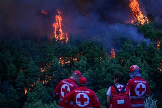 Wildfires in Western Attica, Greece ATTICA, GREECE - AUGUST 01: Firefighters conduct works to extinguish wildfires in Agia Paraskevi, West Attica, Greece on August 1, 2026. Aris Oikonomou Anadolu Attica Greece. Editorial use only. Please get in touch for any other usage.  Copyright: x2026xAnadoluxArisxOikonomoux