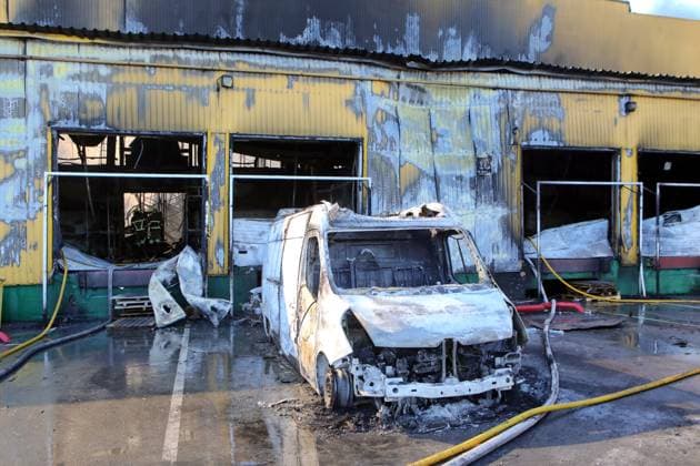 A burnt-out van is at a civilian industrial and logistics facility that caught fire due to an overnight Russian attack, Vyshneve, Bucha district, Kyiv region, Ukraine, August 1, 2026. (Photo by Volodymyr Tarasov Ukrinform) Russia strikes industrial facility in Kyiv region  Copyright: xVolodymyrxTarasovx